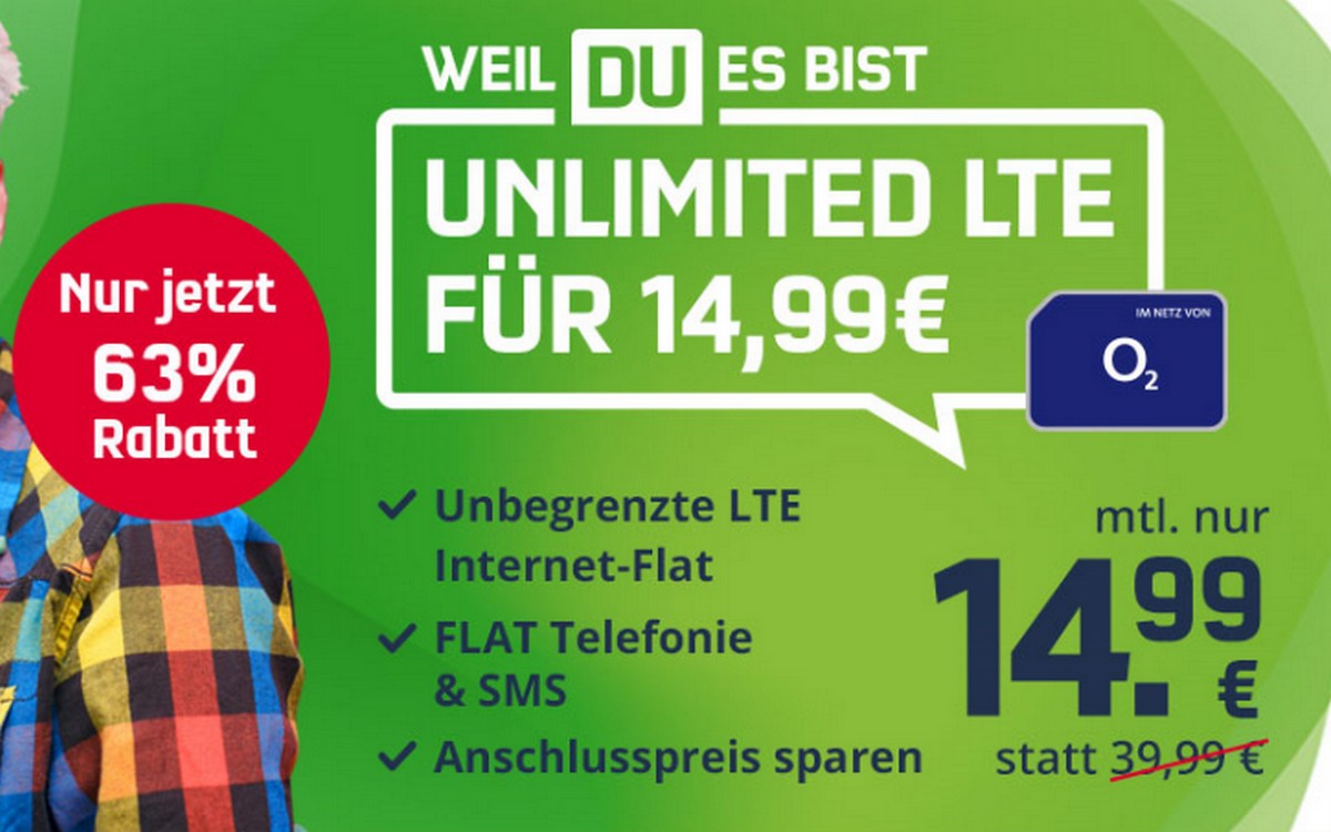 Der o2 Free Unlimited Smart (md) kostet normalerweise 14,99 € im Monat