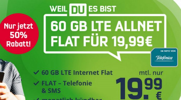 Telefonica green LTE 60 GB (md) für 19,99 € im Monat - und monatlich kündbar!