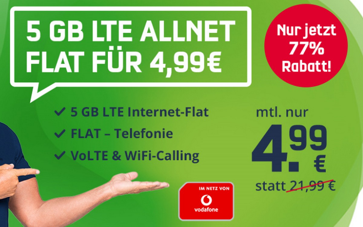 Der Vodafone green LTE 5 GB (md) ist für 4,99 € im Monat zu haben