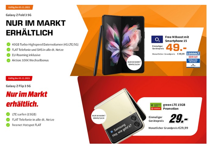 MediaMarkt / Saturn mit Offline-Tarifkrachern für Galaxy Z Flip 3 5G und Fold 3 5G